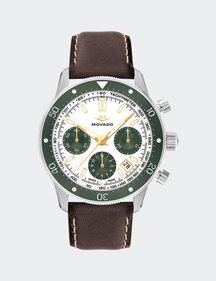 Alta Super Sub Sea Chronograph watch with brown strap and white and green dial.