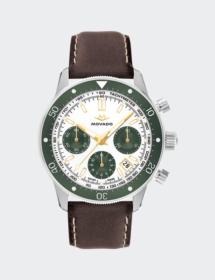 Alta Super Sub Sea Chronograph watch with brown strap and white and green dial.