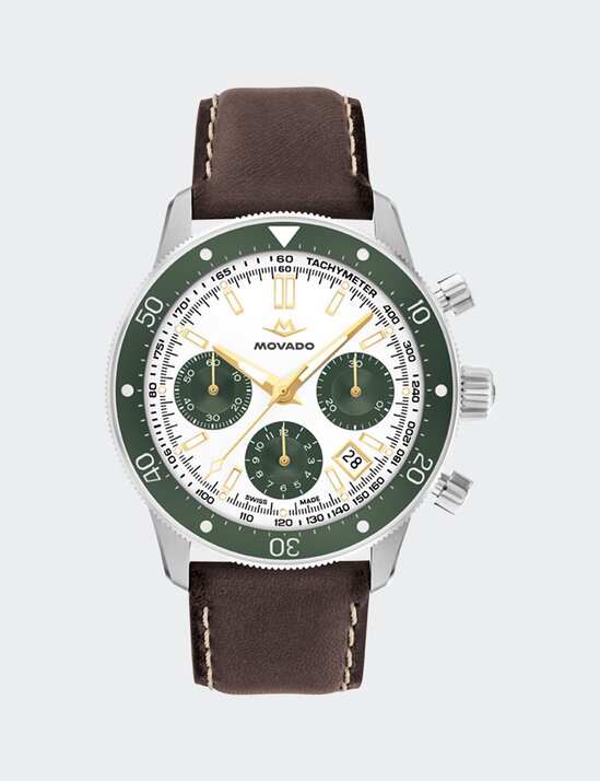 Alta Super Sub Sea Chronograph watch with brown strap and white and green dial.