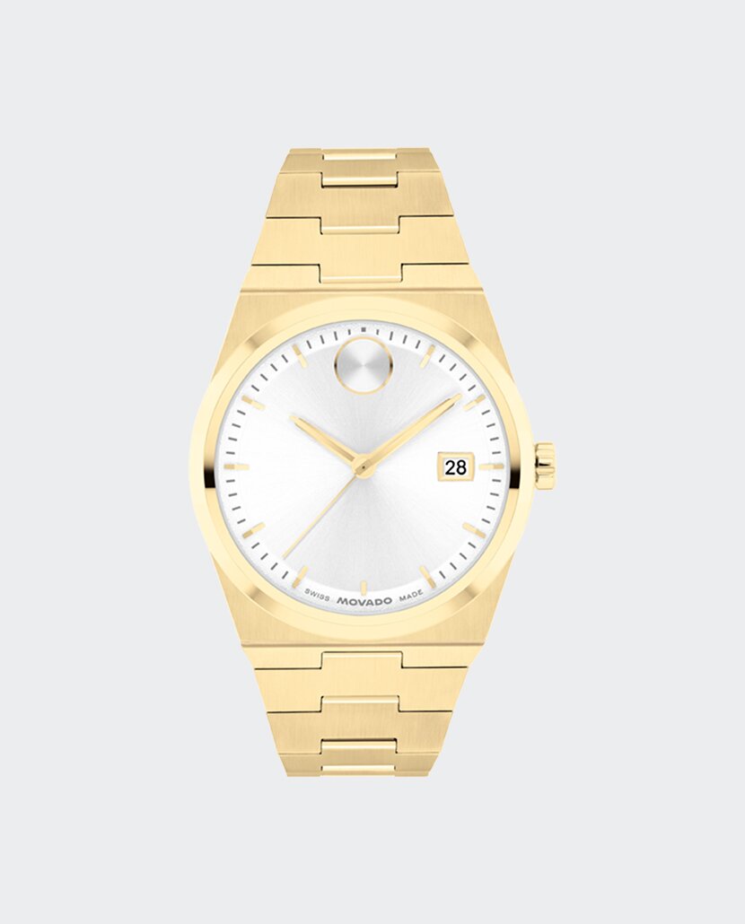 BOLD Quest watch with gold tone bracelet and white dial.