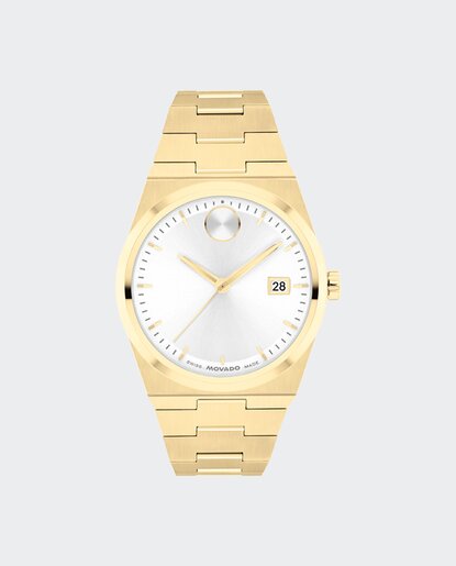 BOLD Quest watch with gold tone bracelet and white dial.