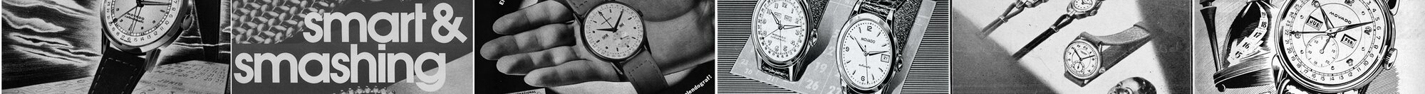Six black and white Movado Heritage collection vintage ads.