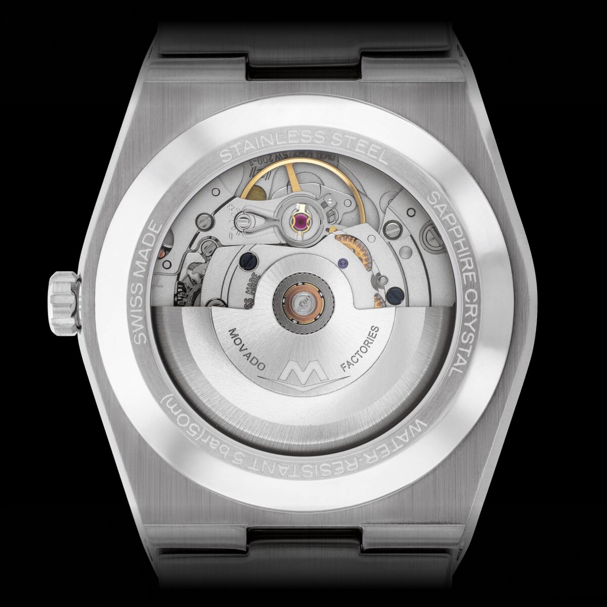 Movado BOLD Quest Automatic caseback showcasing the automatic movement 