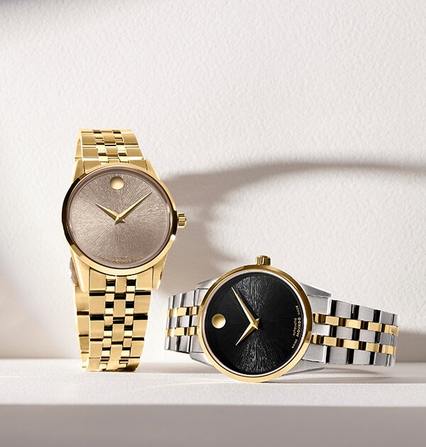 Museum Classic automatic bracelet watches in gold tone with taupe dial and two tone bracelet with black dial.