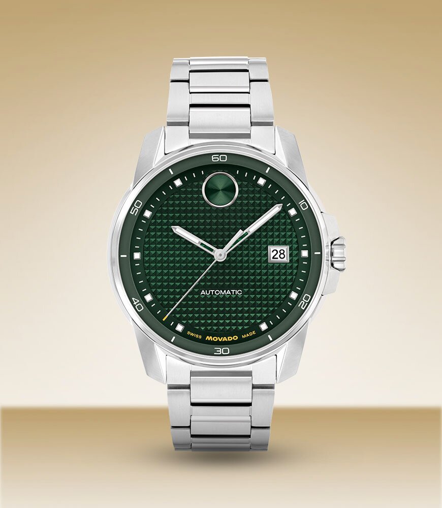 BOLD Verso watch with stainless steel bracelet and green dial.