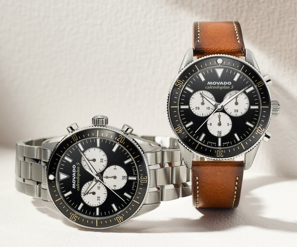 Heritage Calendoplan S watch with stainless steel bracelet and black chronograph dial next to the Heritage Calendoplan S watch with brown leather strap and black chronograph dial.