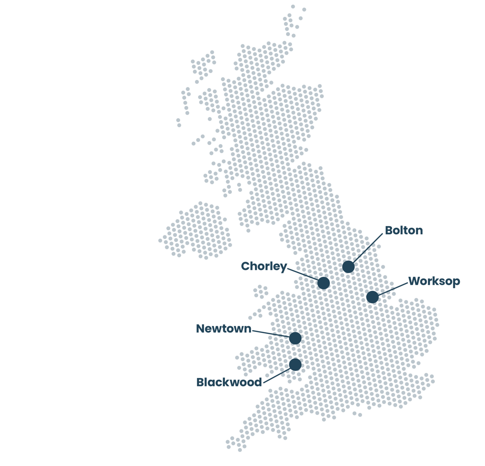 A dotted UK map highlighting Vernacare's five UK Sites - Chorley, Bolton, Workshop, Blackwood, and Newtown