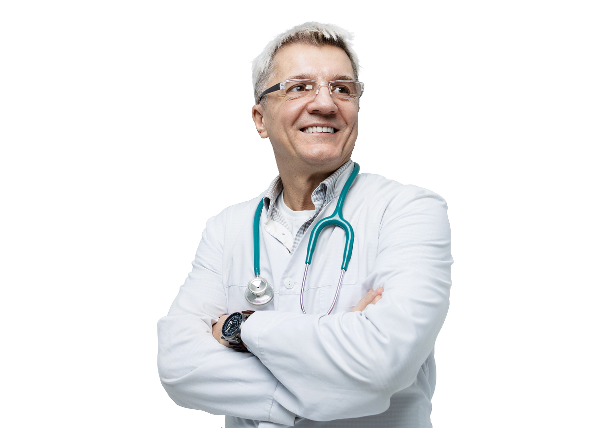 A doctor smiling to the right