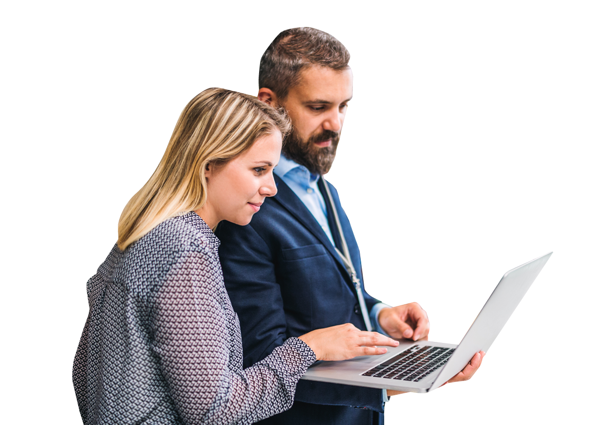 Business woman and man viewing a tablet