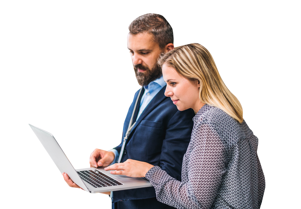 A business man and woman working on a computer screen