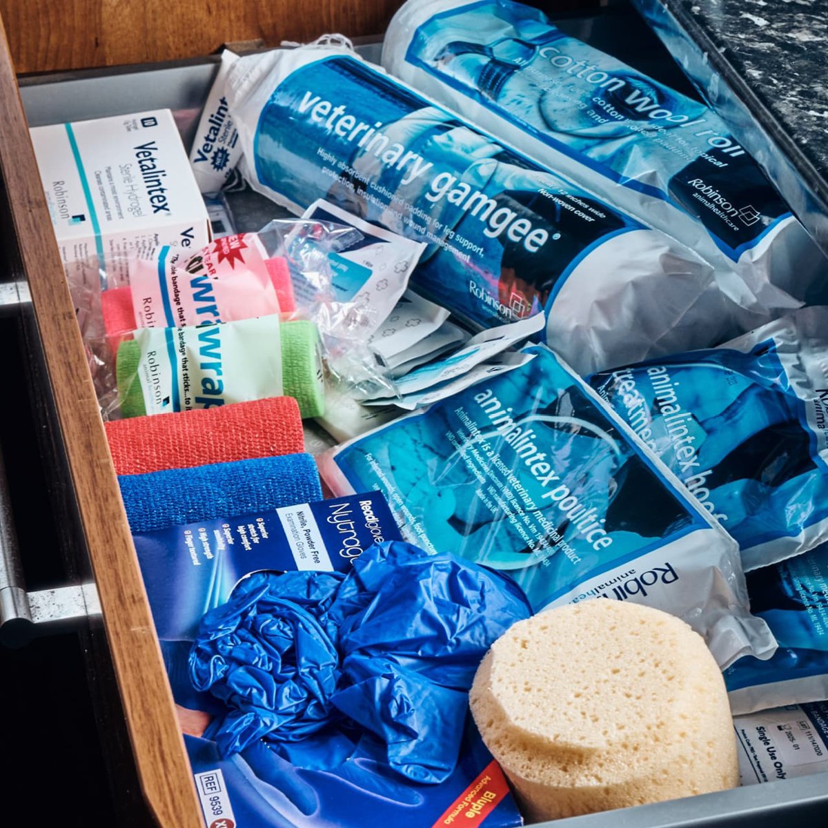 Robinson animal healthcare equipment in a stables drawer