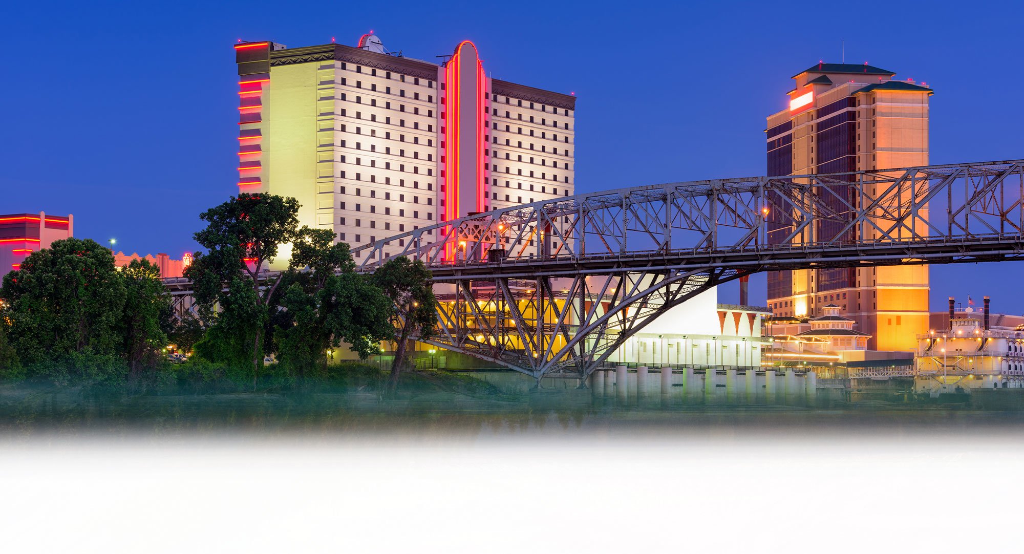 Cross Country Healthcare color photo of the Shreveport, Louisiana Casino and Hotel with bridge in foreground. 