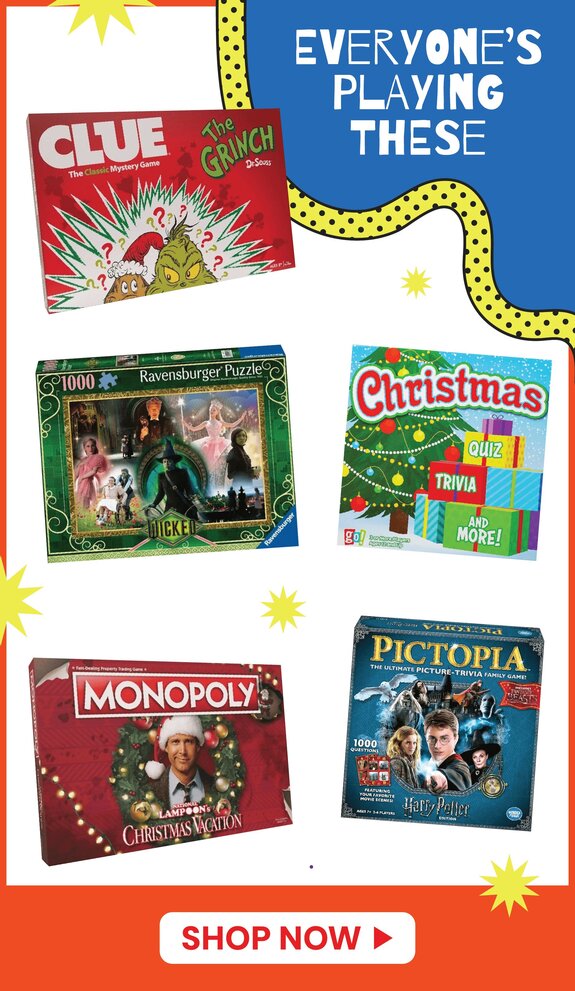 Everyone's playing these - Featured games and puzzles including CLUE, Christmas card games, Christmas puzzles, Pictopia trivia game, and Monopoly Christmas Carol edition. Shop now.