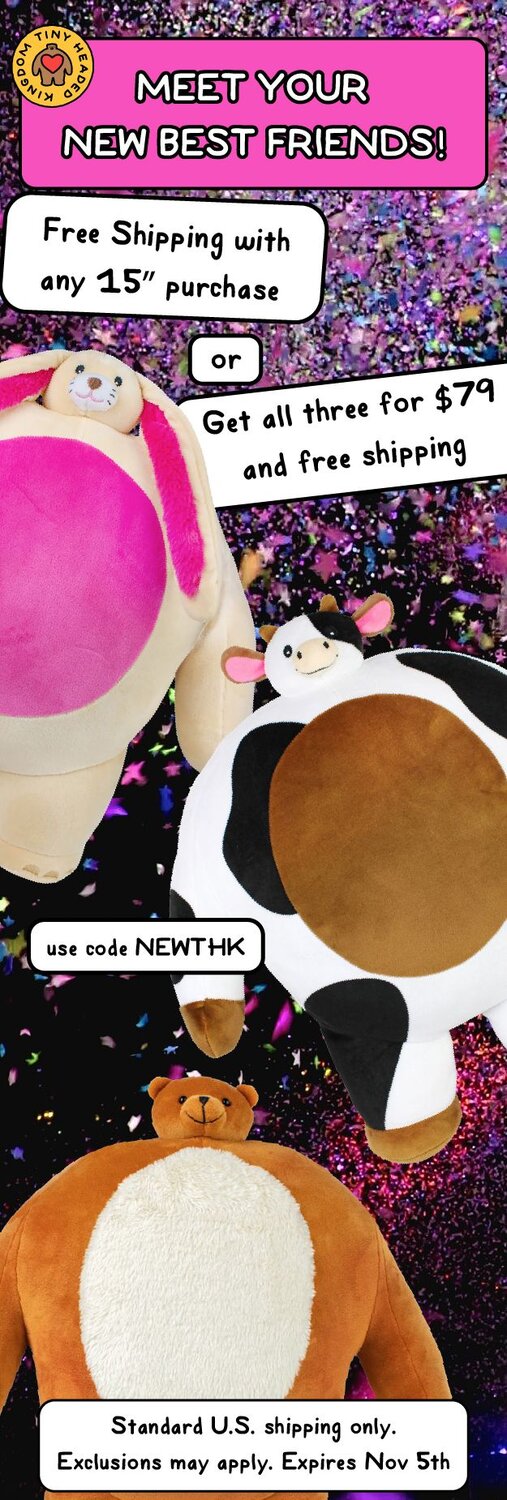 Tiny Headed Kingdom plush animal promotion - get all three 15" plush for $79 with free shipping, code NEWTHK