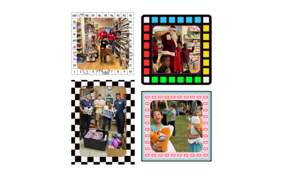 Collage of community moments showing toy donations, Santa visits, and kids beaming with plush toys at local events