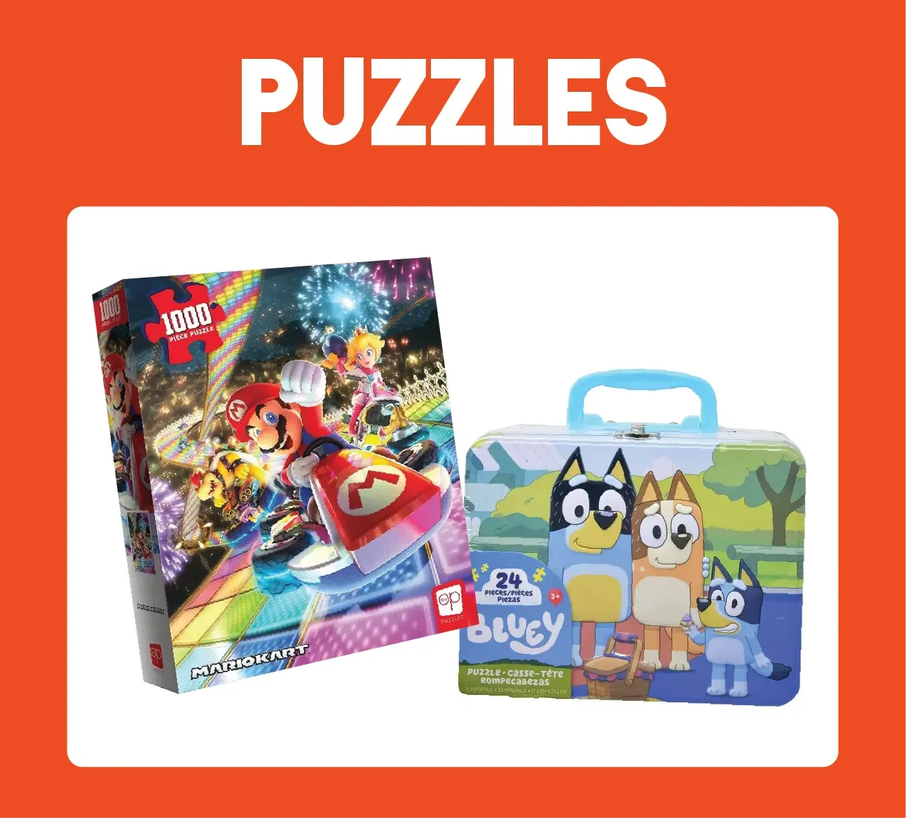 Puzzles category featuring a 1000-piece Mario Kart puzzle and a Bluey 24-piece puzzle set at Go! Toys and Games