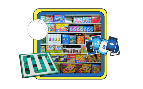 Store shelves stocked with puzzles, Barbie dolls, and family board games