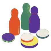 Game tokens and pieces in bright colors symbolizing self-service help and FAQs