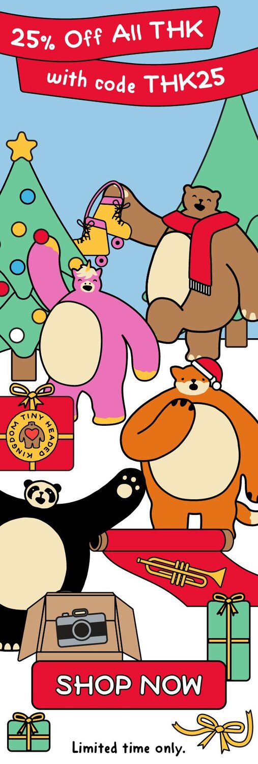 Holiday sale banner featuring illustrated Christmas trees, wrapped gifts, and stuffed animal characters including bears and a pink llama. Red banner reads "25% Off All THK with code THK25" with yellow Shop Now button. Limited time offer.