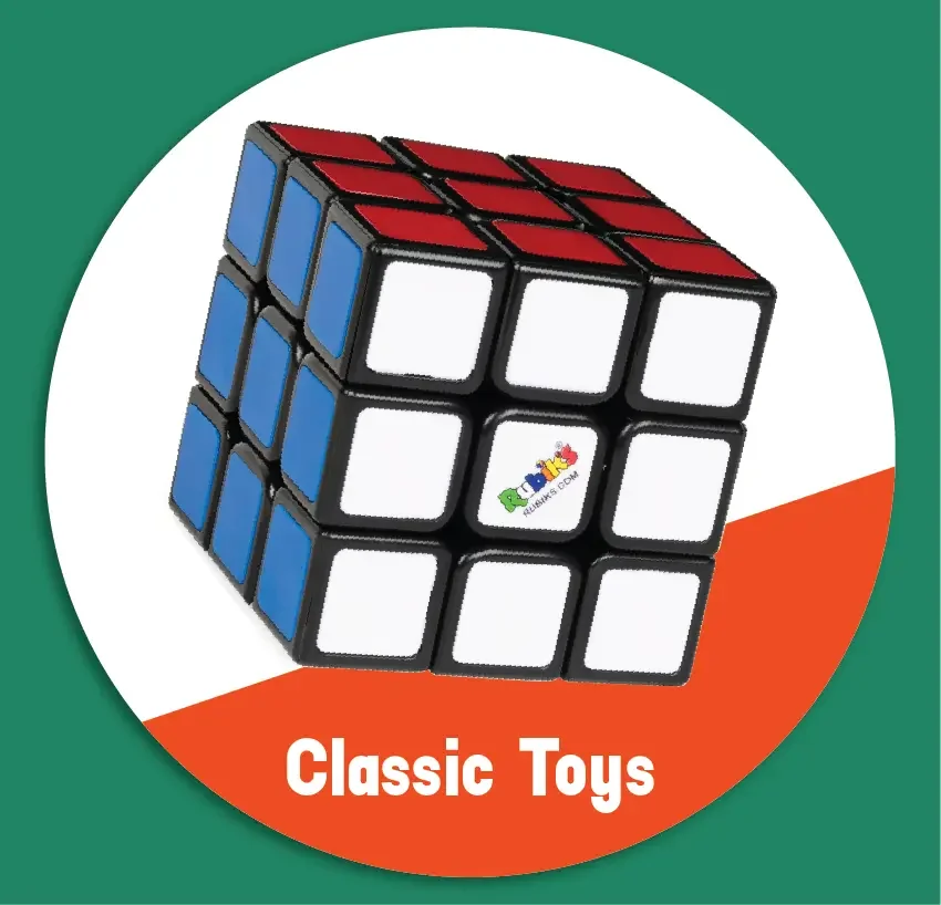 Classic Toys category tile featuring a Rubik's Cube at Go! Toys and Games