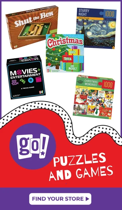 Go! Puzzles and Games - Fun for the whole family. Featured products: Shut the Box game, Christmas Memories 1000-piece puzzle, Christmas Quiz Trivia and More game, Movies and Entertainment trivia game, and Starry Night 1000-piece puzzle. Find your store.