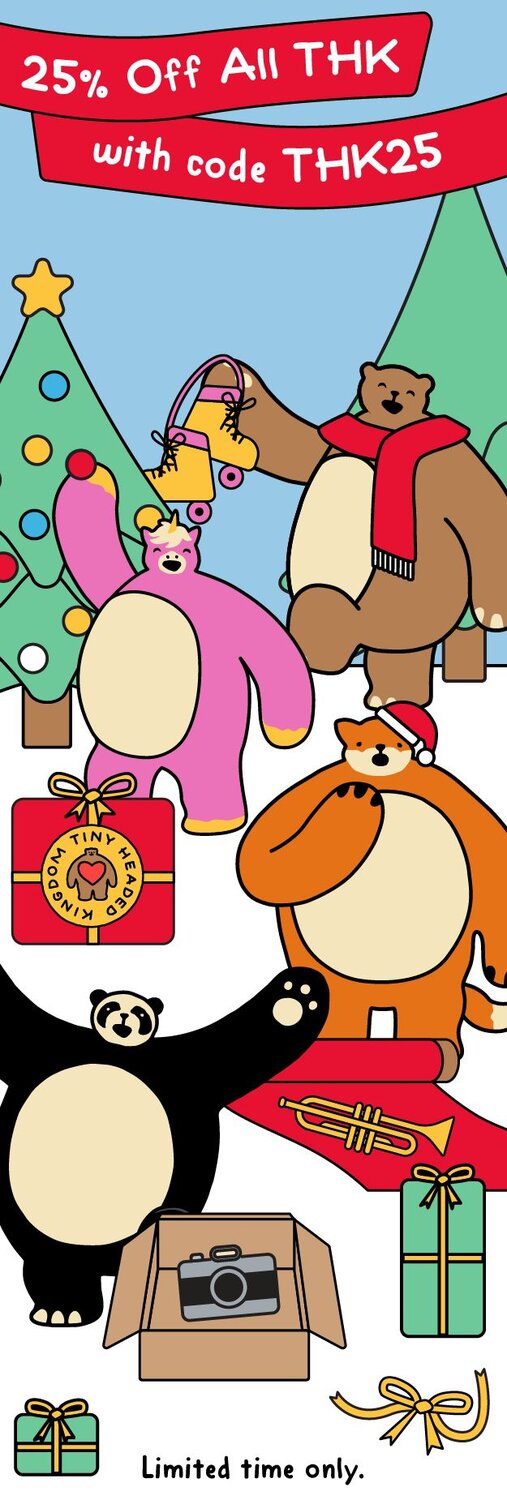 Holiday sale banner featuring illustrated Christmas trees, wrapped gifts, and stuffed animal characters including bears and a pink llama. Red banner reads "25% Off All THK with code THK25" with yellow Shop Now button. Limited time offer.