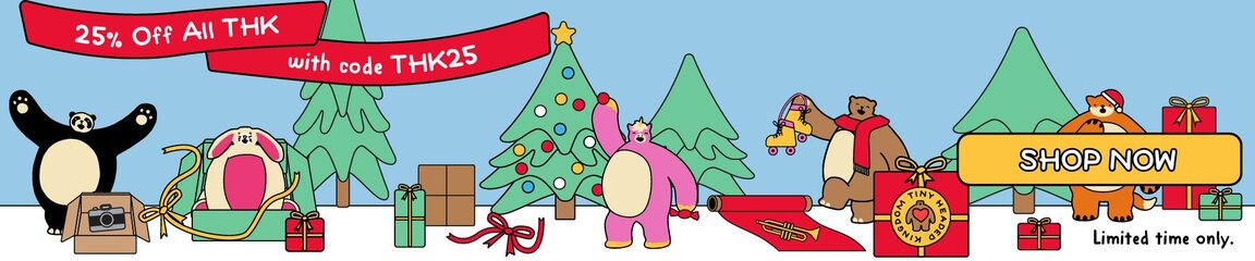 Holiday sale banner featuring illustrated Christmas trees, wrapped gifts, and stuffed animal characters including bears and a pink llama. Red banner reads "25% Off All THK with code THK25" with yellow Shop Now button. Limited time offer.