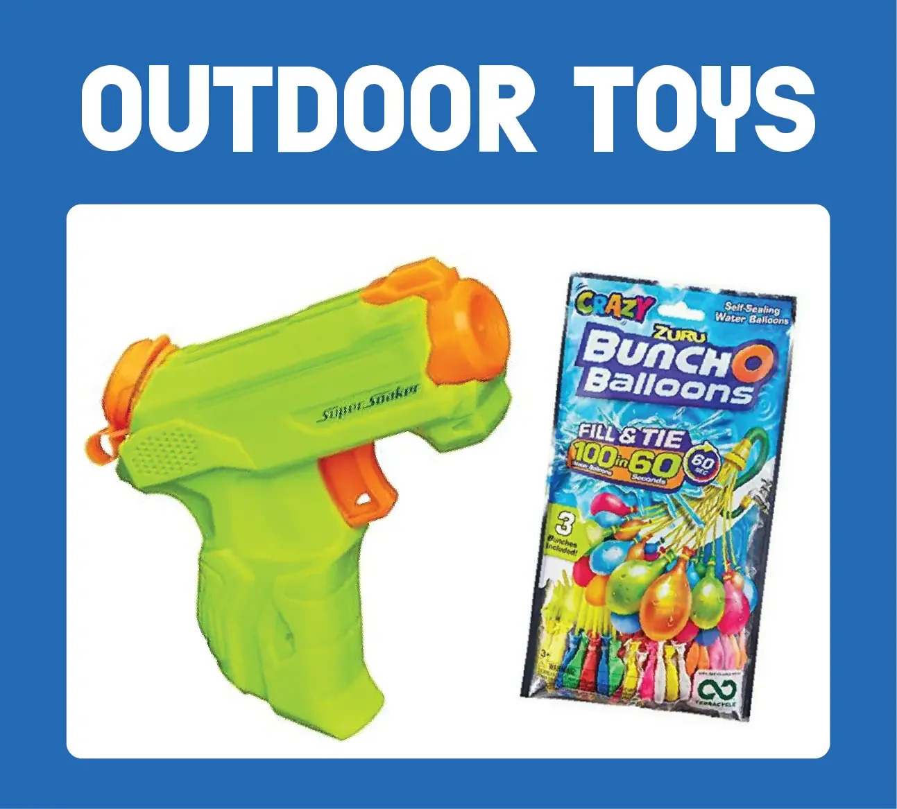 Outdoor toys category featuring a water blaster gun and Bunch O Balloons fill and tie water balloons at Go! Toys and Games