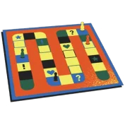 Colorful board game path with pawns and icons representing in-store visits