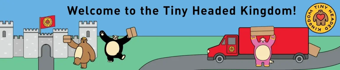 Welcome to the Tiny Headed Kingdom text over image showing scene with Tiny Headed Kingdom plush characters floating and playing. 