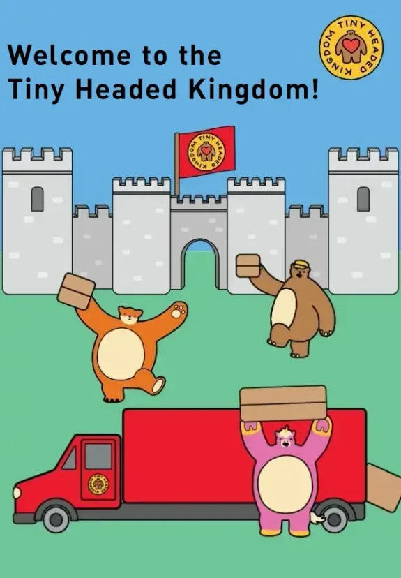 Welcome to the Tiny Headed Kingdom text over image showing scene with Tiny Headed Kingdom plush characters floating and playing. 
