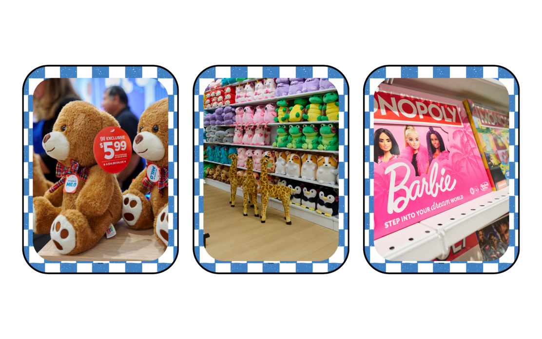 In-store moments of toy joy: giant plush bears, rainbow rows of stuffed animals, and Barbie-themed board games on display