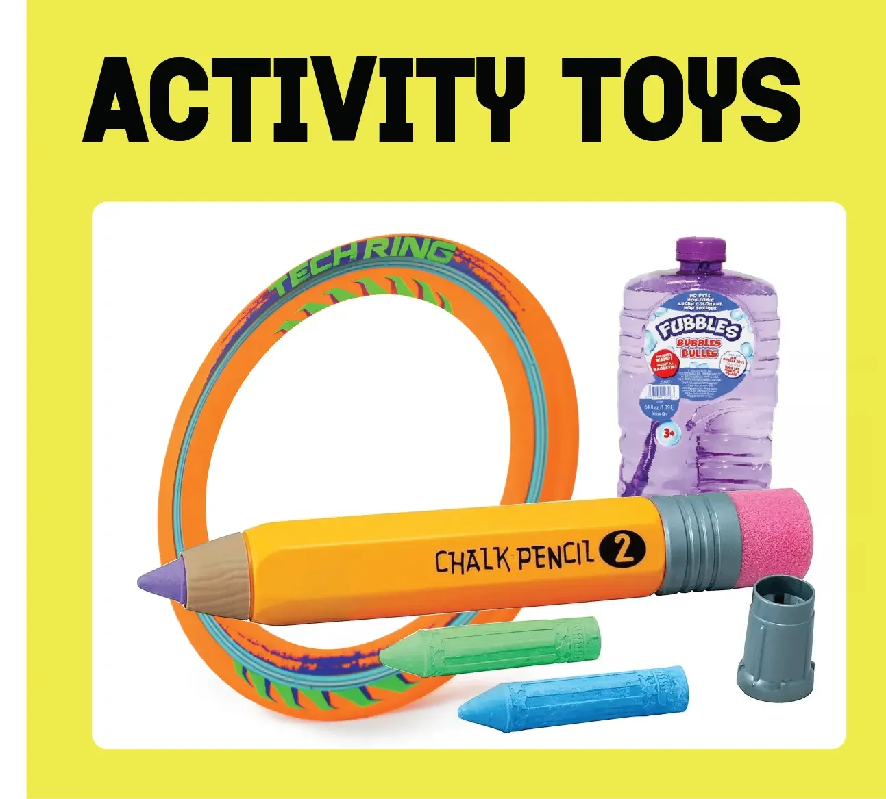 Activity toys category featuring a chalk pencil set, ring toss, and bubble solution at Go! Toys and Games