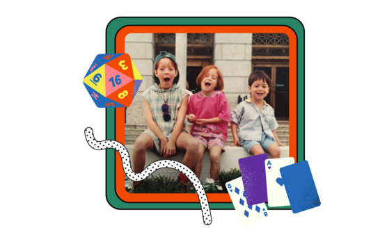 Three children laughing on a couch surrounded by playful toy illustrations