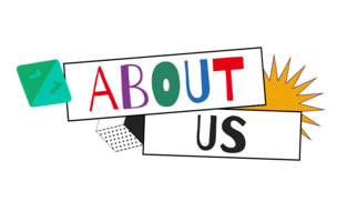 Colorful “About Us” graphic with playful shapes and retro-style flair