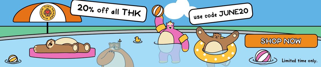 Summer pool scene with Tiny Headed Kingdom plush characters floating and playing. Text reads: 20% off all THK, use code JUNE20. Limited time only. Shop now.