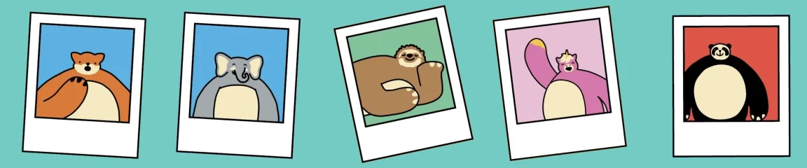 Illustrations of five Tiny Headed Kingdom characters in Polaroid-style frames: a bear, an elephant, a sloth, a pink unicorn, and a panda, each with tiny heads and round bodies on colorful backgrounds.