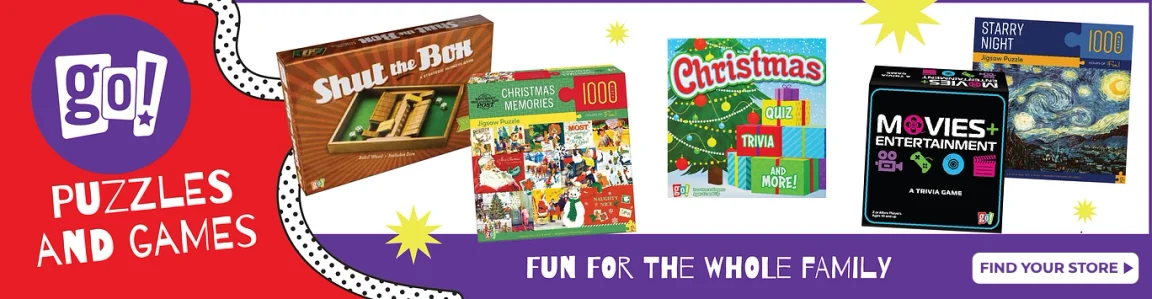 Go! Puzzles and Games - Fun for the whole family. Featured products: Shut the Box game, Christmas Memories 1000-piece puzzle, Christmas Quiz Trivia and More game, Movies and Entertainment trivia game, and Starry Night 1000-piece puzzle. Find your store.
