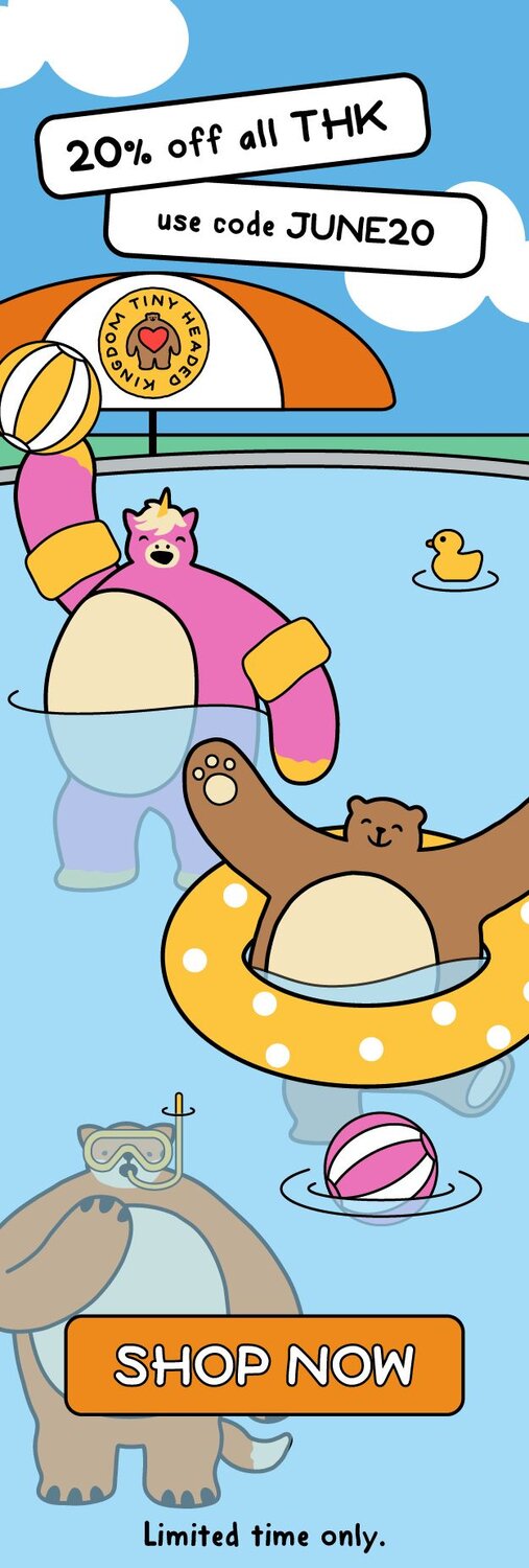 Summer pool scene with Tiny Headed Kingdom plush characters floating and playing. Text reads: 20% off all THK, use code JUNE20. Limited time only. Shop now.