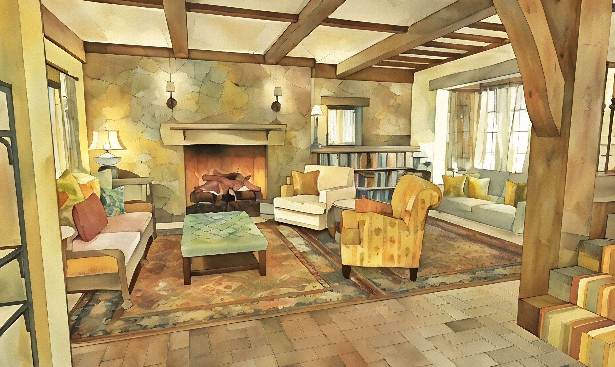 Rendering of the cottage's living room with a cozy fireplace and multiple chairs