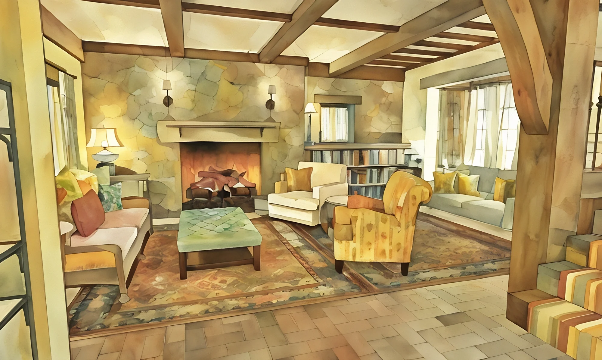 Rendering of the cottage's living room with a cozy fireplace and multiple chairs
