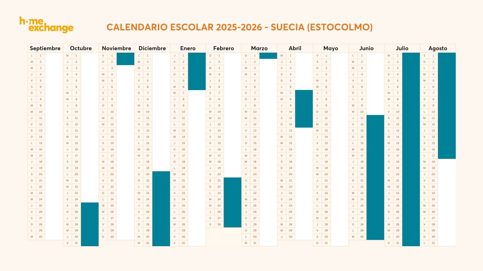 Calendario escolar en Suecia (Estocolmo) 2025-2026