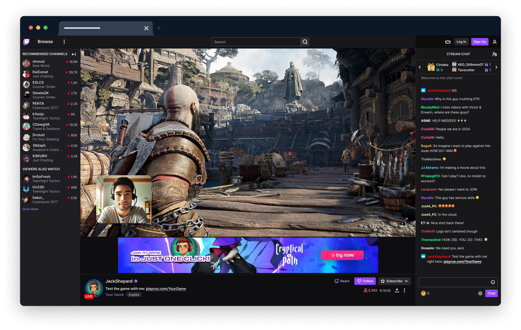 Livestream page promoting a one-click playable demo through a creator campaign