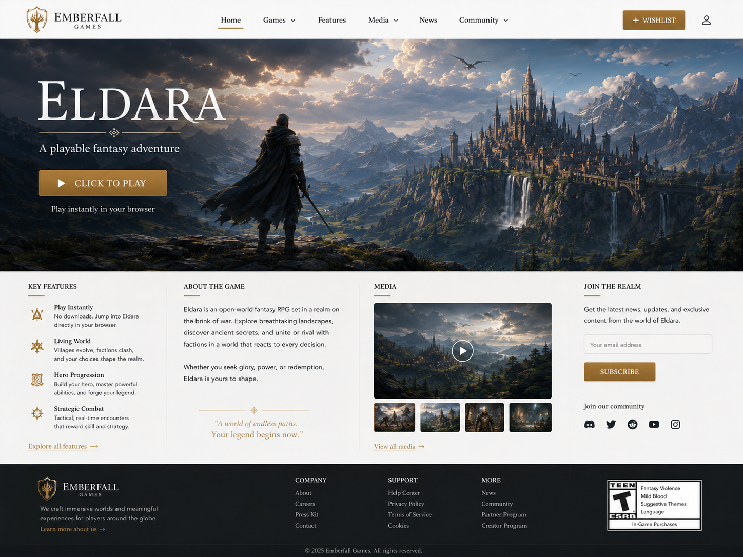 Playable fantasy game product page with a one-click browser demo