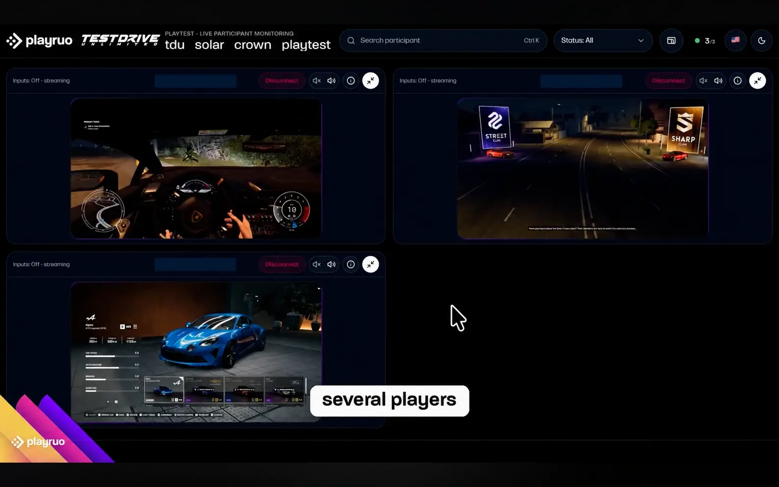 Playruo Control Room showing three simultaneous remote gameplay sessions, with participant email addresses masked.