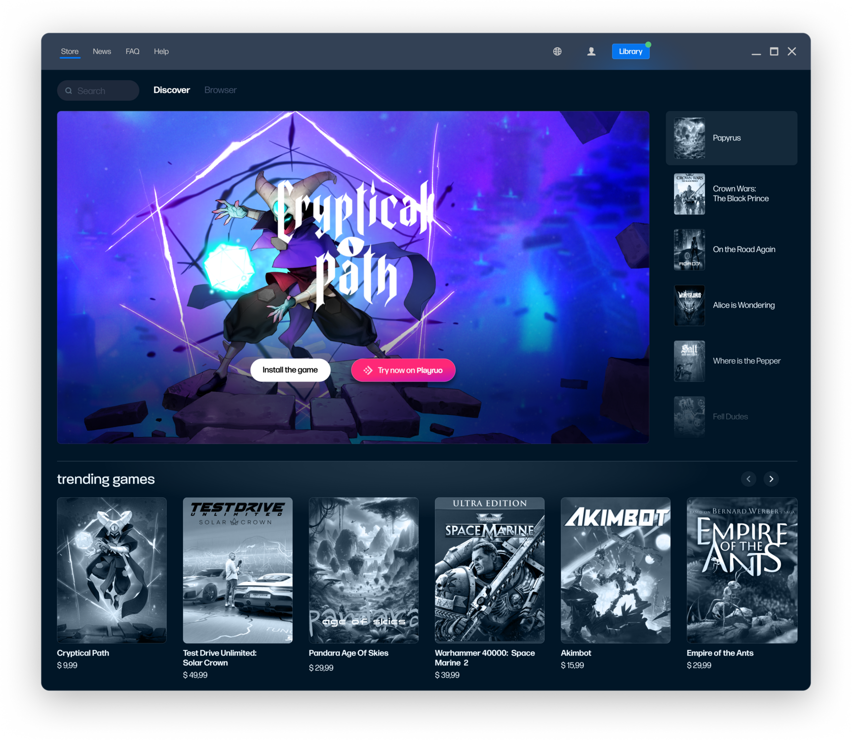 Game launcher featuring a one-click Playruo demo next to install and purchase options