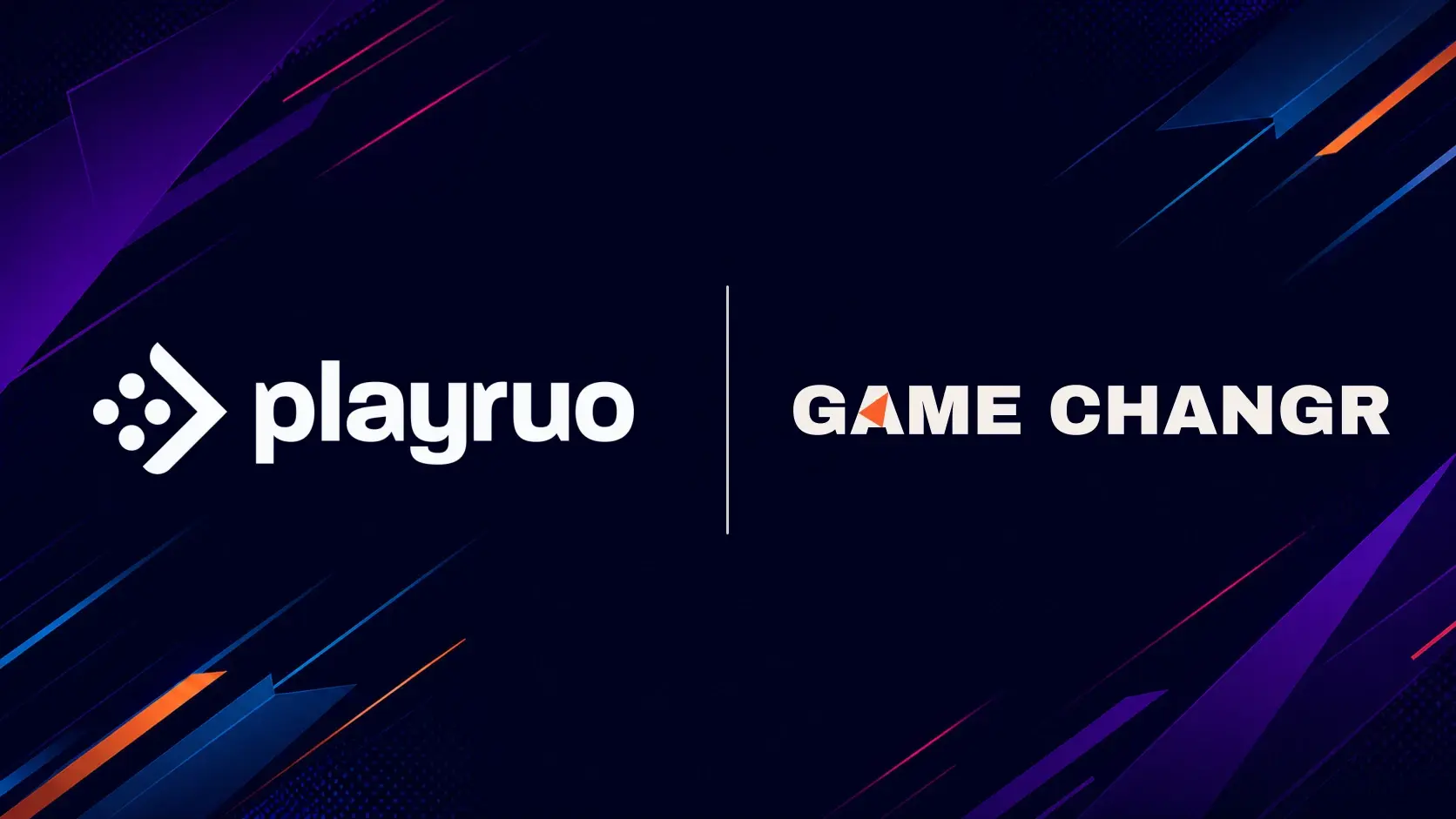 White Playruo and Game Changr logos separated by a vertical line on a dark navy background with purple, blue and orange geometric accents.