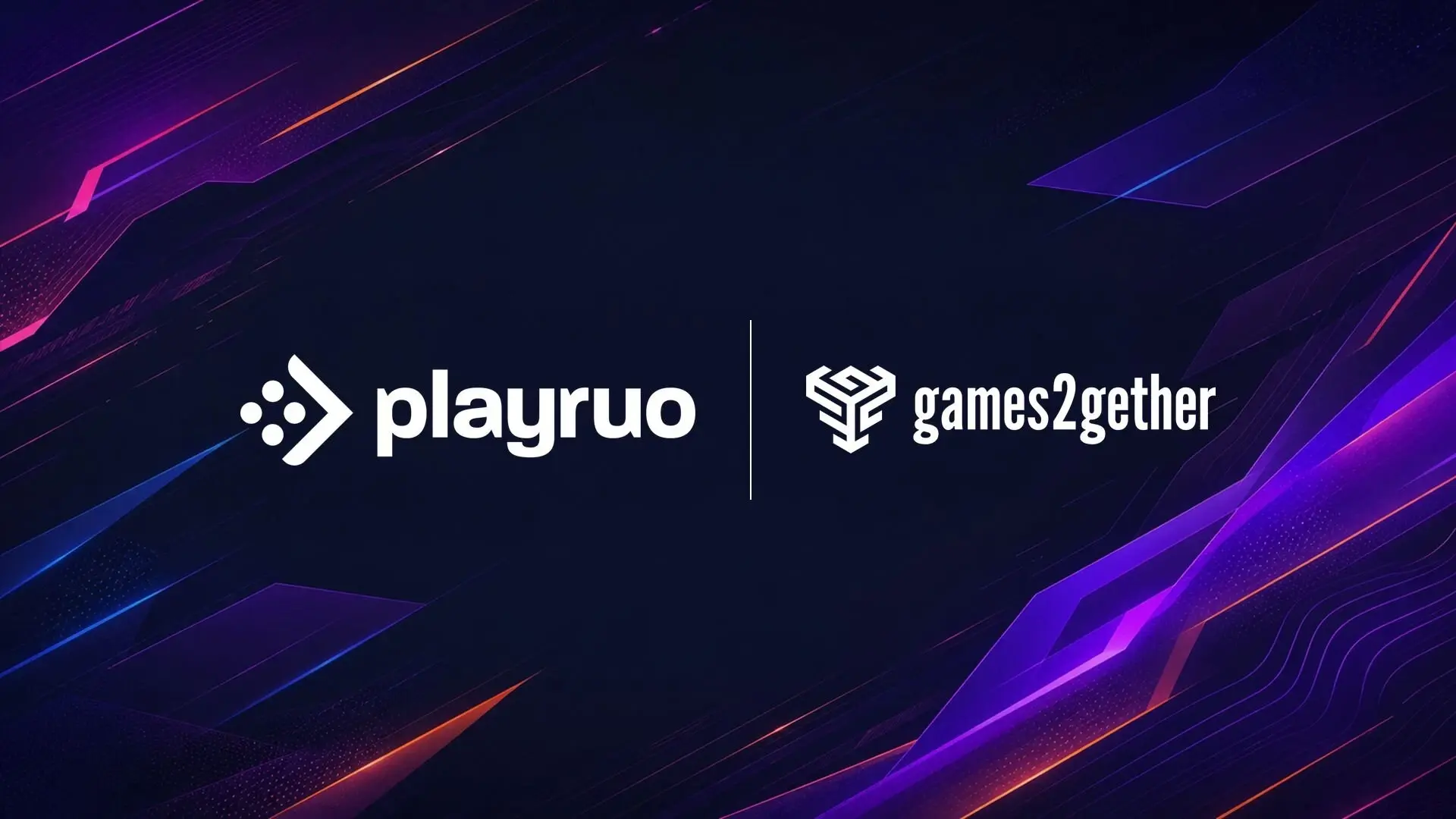 White Playruo and Games2Gether logos separated by a vertical line on a dark navy background with purple, blue and orange geometric accents.