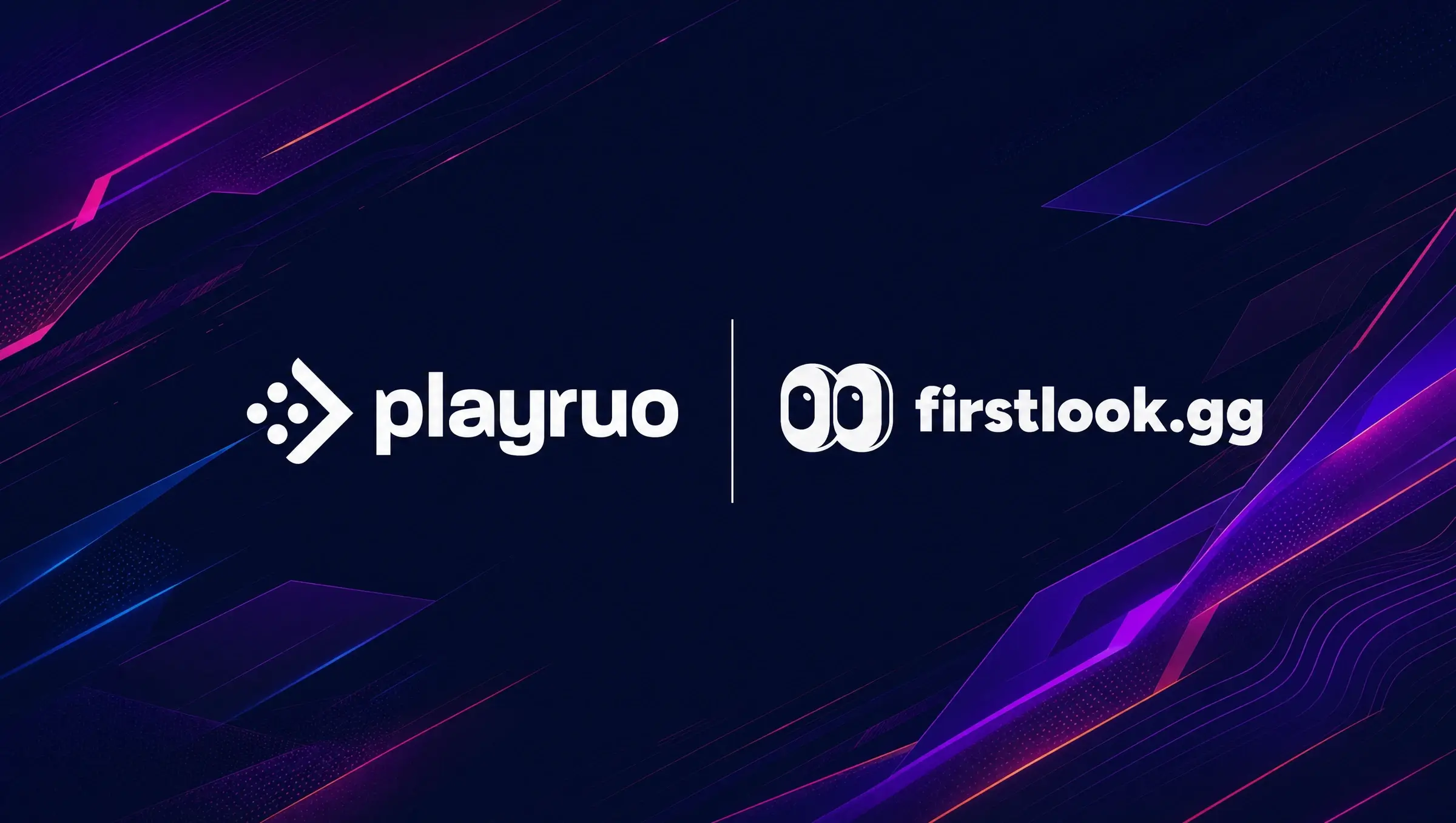 White Playruo and FirstLook.gg logos separated by a vertical line on a dark navy background with purple and blue geometric accents.