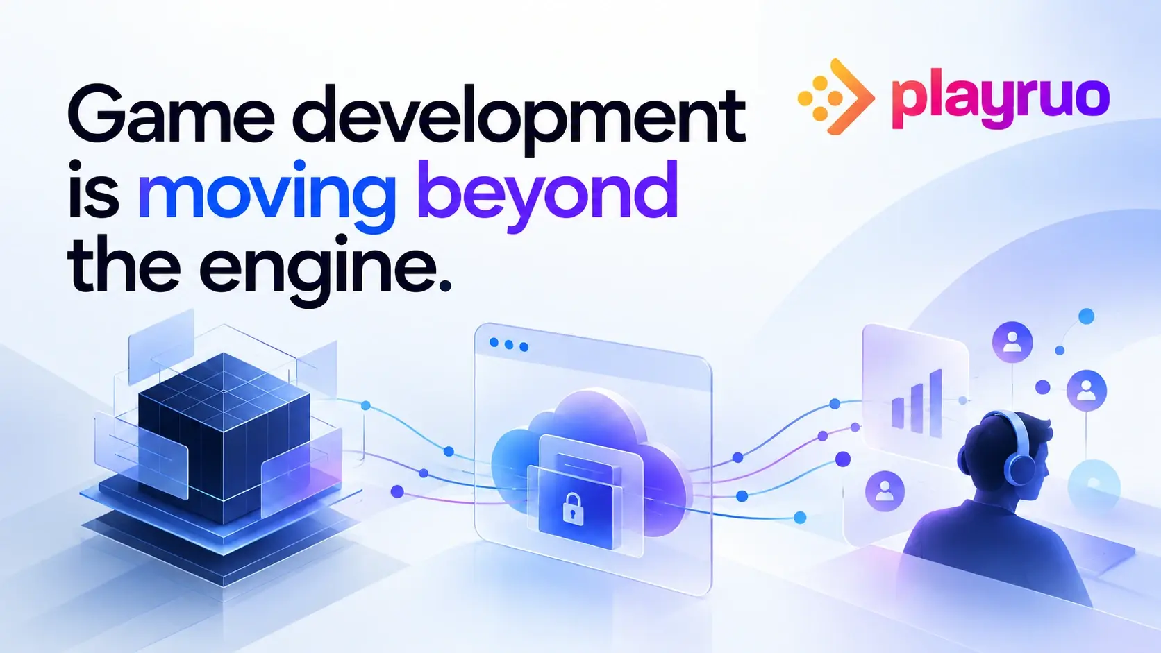Playruo illustration connecting a game build, secure cloud access and player feedback, with the headline Game development is moving beyond the engine.